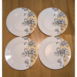 RARE Set of 4 Corelle Tango Dinner Plates 10 3/4" Black Yellow Tulip Nice Cond!!